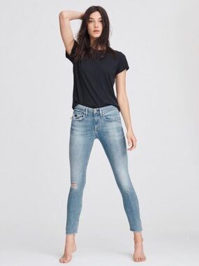 Rag & Bone Cate Mid-Rise Skinny in Cabell with Holes Distressed Raw Hem Size 29